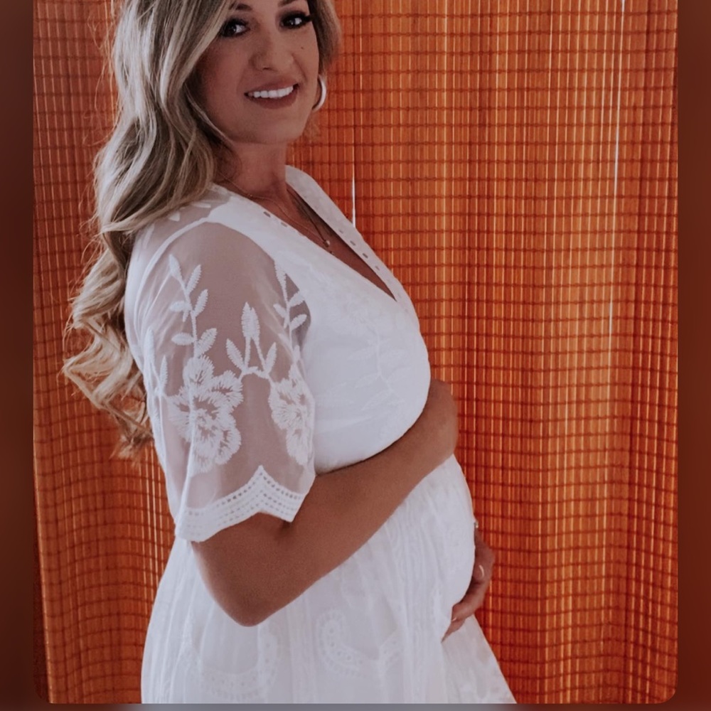 PinkBlush White Lace Mesh Overlay Maternity Dress - Picture 5 of 12